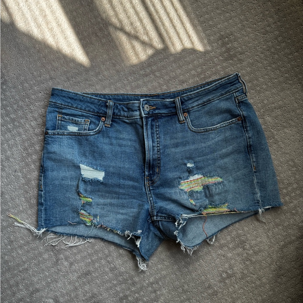 Old Navy Distressed Denim Cutoff Shorts - Blue with Multicolor Patch Details